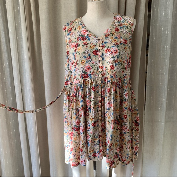 VINTAGE STYLE MINI COTTAGECORE FLORAL TIE UP SUMMER DRESS L - Picture 2 of 7
